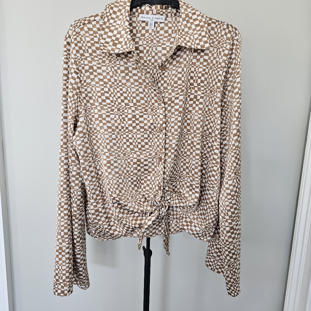 Maison d'Amelie Womens Elegant Tie Front Silky Geometric Blouse